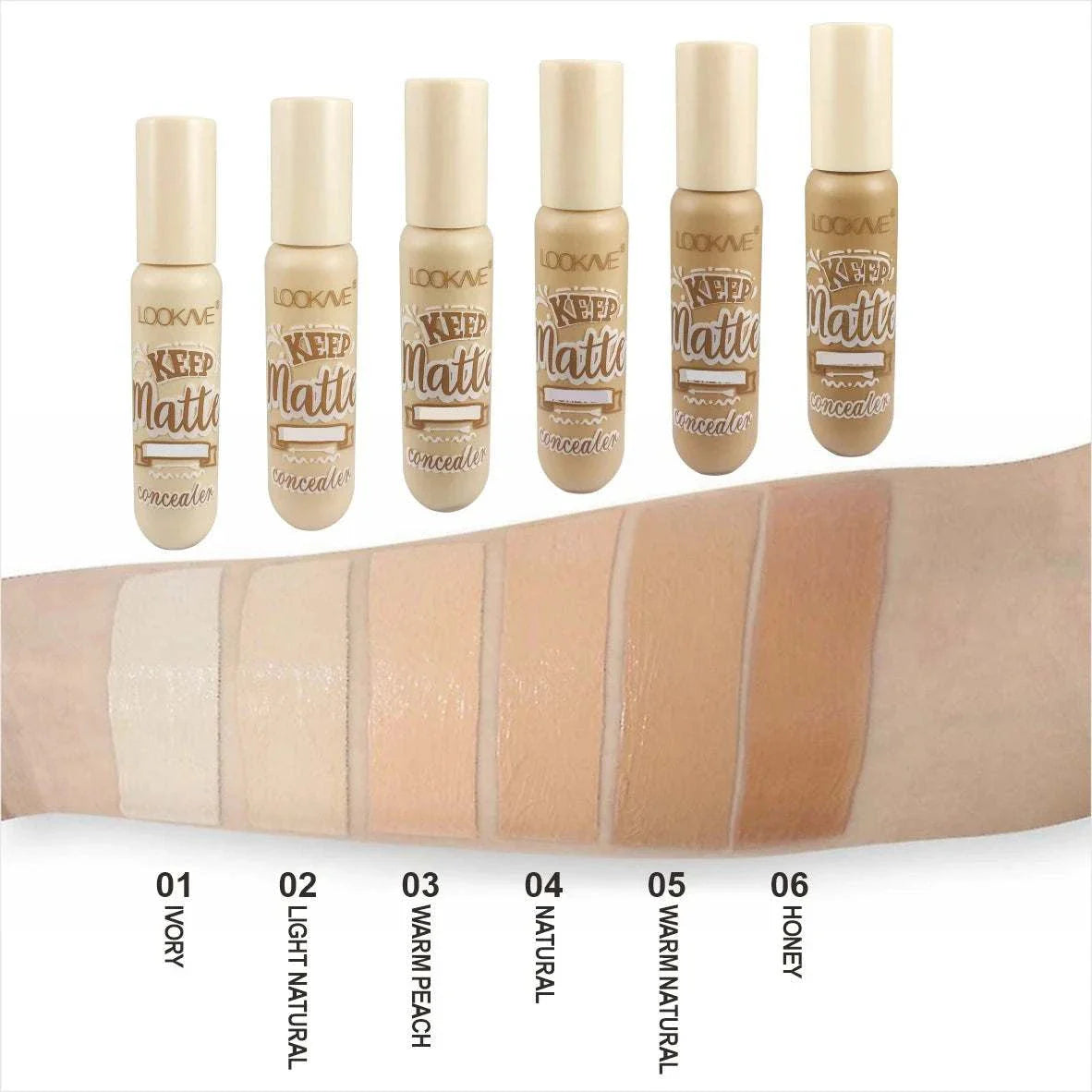 Liquid Concealer Stick foundation cream in six shades from ivory to honey with natural matte finish on arm swatches