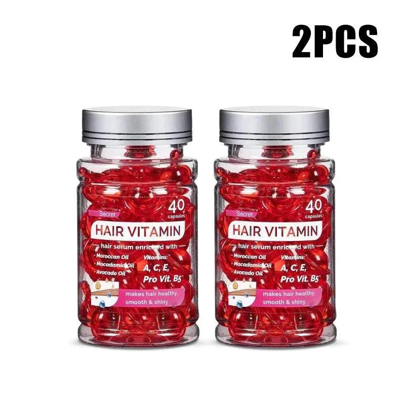 Two bottles of Moroccan Agam Vitamin Oil hair serum capsules with 40 capsules each for deep repair and shine boost.