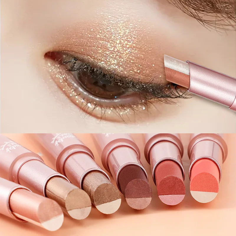 Gradient two-color eye shadow pen with shimmering dual tones applied on eyelid, six shades displayed with pearlescent finish