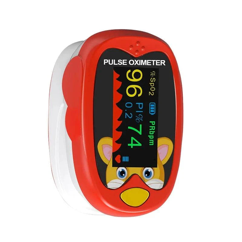 Pediatric pulse oximeter with bright LED display, kid-friendly red clip design featuring animal face, accurate oxygen saturation and pulse monitoring for babies and children.