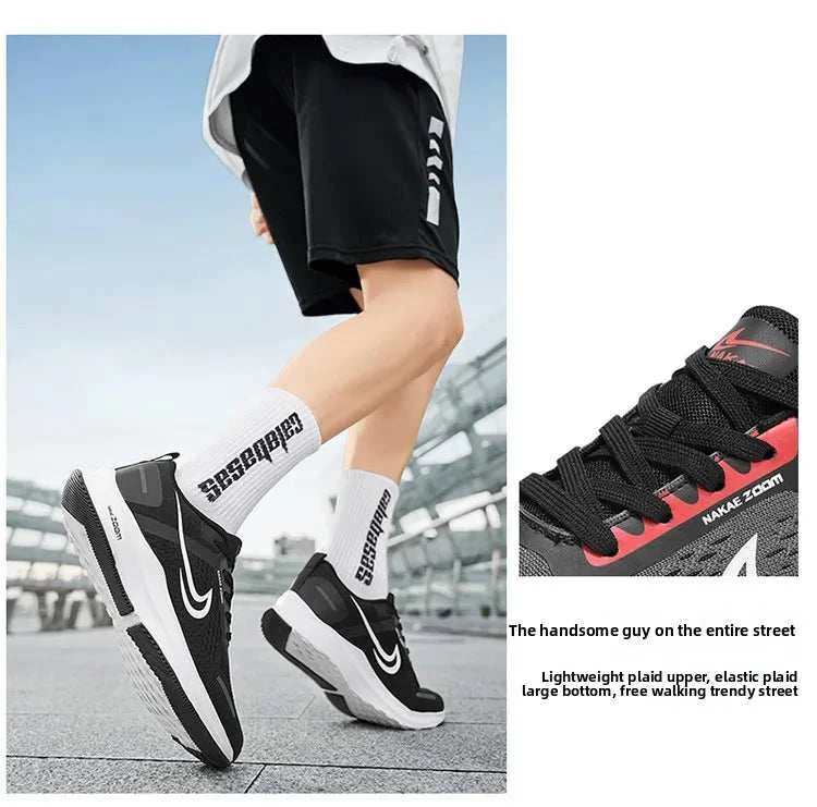 Men's lightweight running shoes in black with breathable mesh and non-slip sole, worn for athletic sports and casual running.