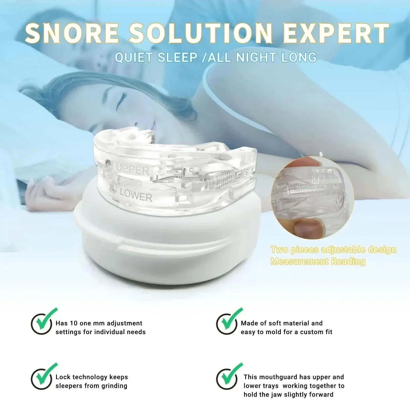 Adjustable anti-snoring mouth guard with customizable fit, reduces snoring and teeth grinding, made of soft silicone with upper and lower trays, includes storage case.