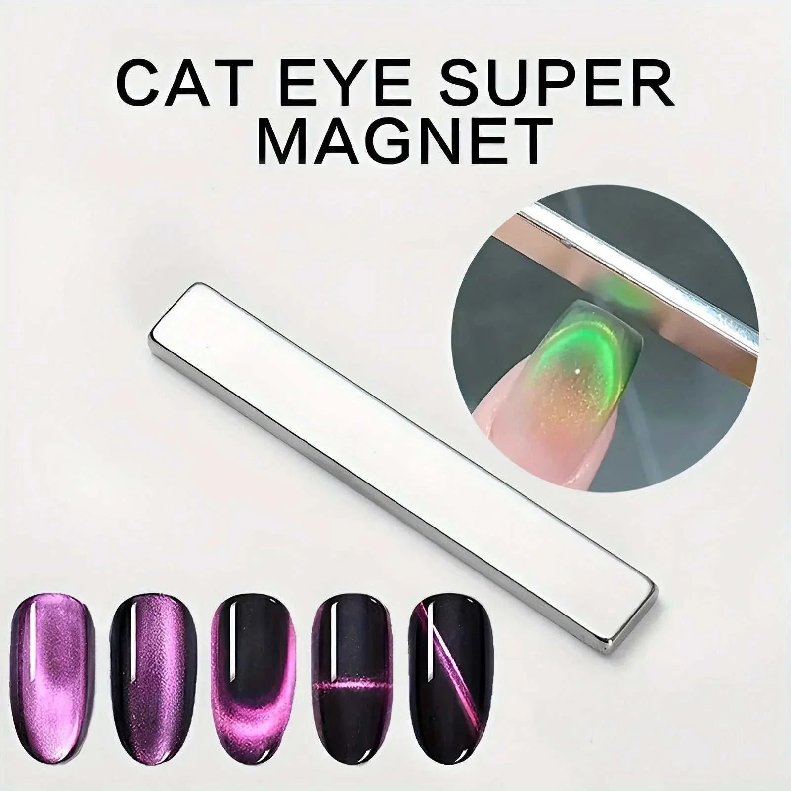 Nail Art Magnetic Pen creating 3D cat eye effects on gel polish with dual-ended magnet wand and various nail designs.