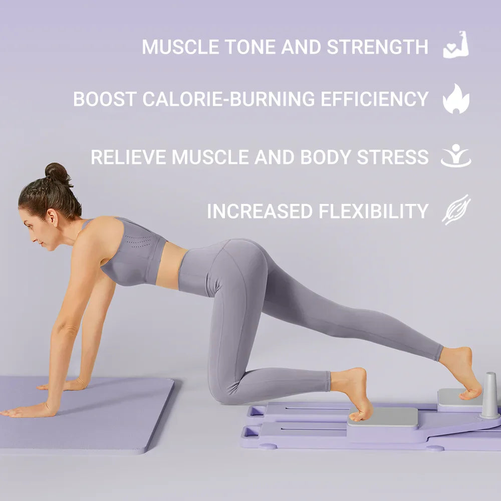 Woman using 2-in-1 Abs & Ski Board for core and leg workout at home with fitness benefits text