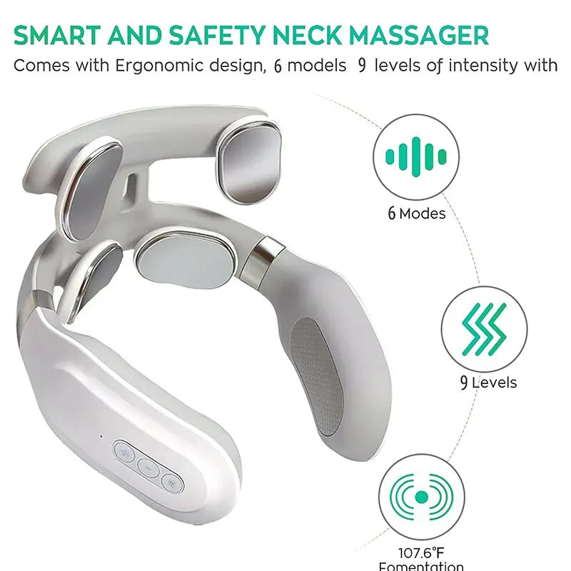 4D Neck Massage Machine with ergonomic design, 6 modes, 9 intensity levels, and heat therapy for deep neck relief