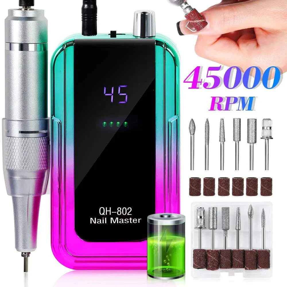 Rechargeable nail drill machine with laser gradient design, 45,000RPM speed, cordless, USB charging, and multiple drill bits for professional nail care.