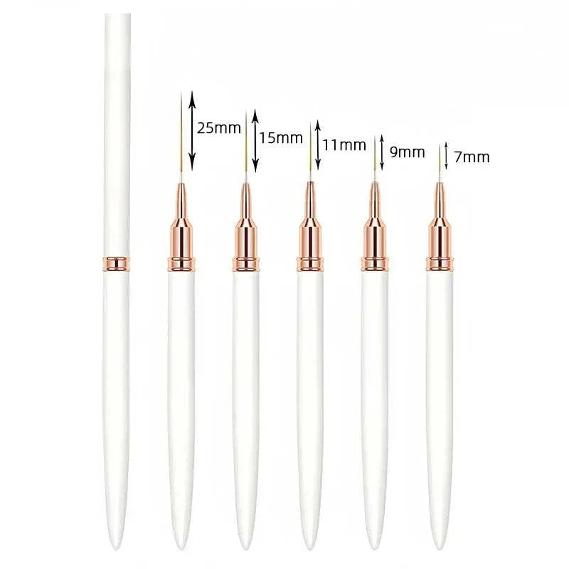 5pcs Nail Liner Brush Set with white handles and varying brush lengths for precise nail art designs