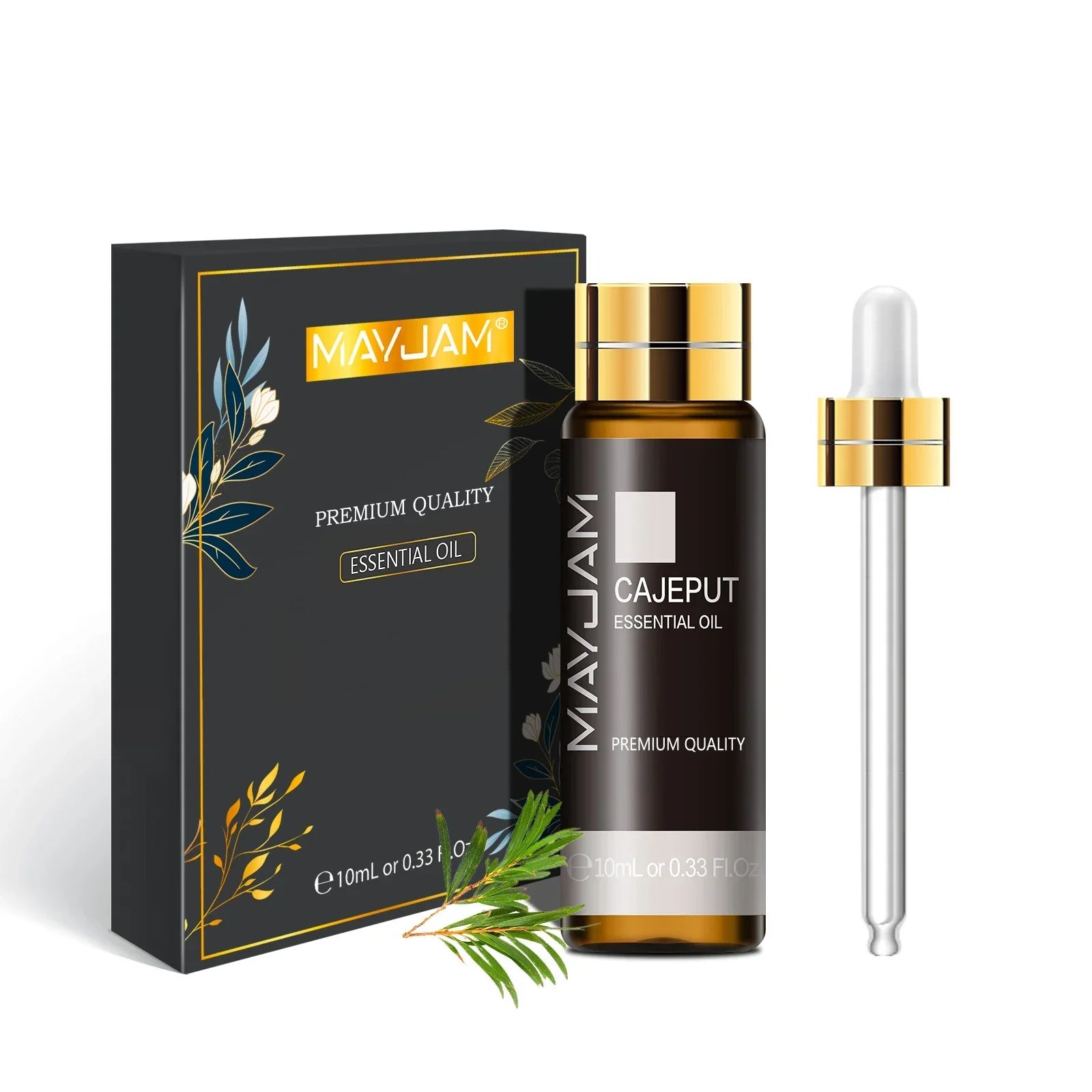 MAYJAM Essential Oil 10ml bottle with dropper and black packaging featuring herbal design for aromatherapy and wellness