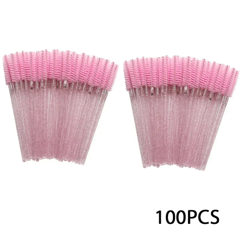 100 disposable mascara and eyebrow brushes with soft pink spiral bristles in bulk pack