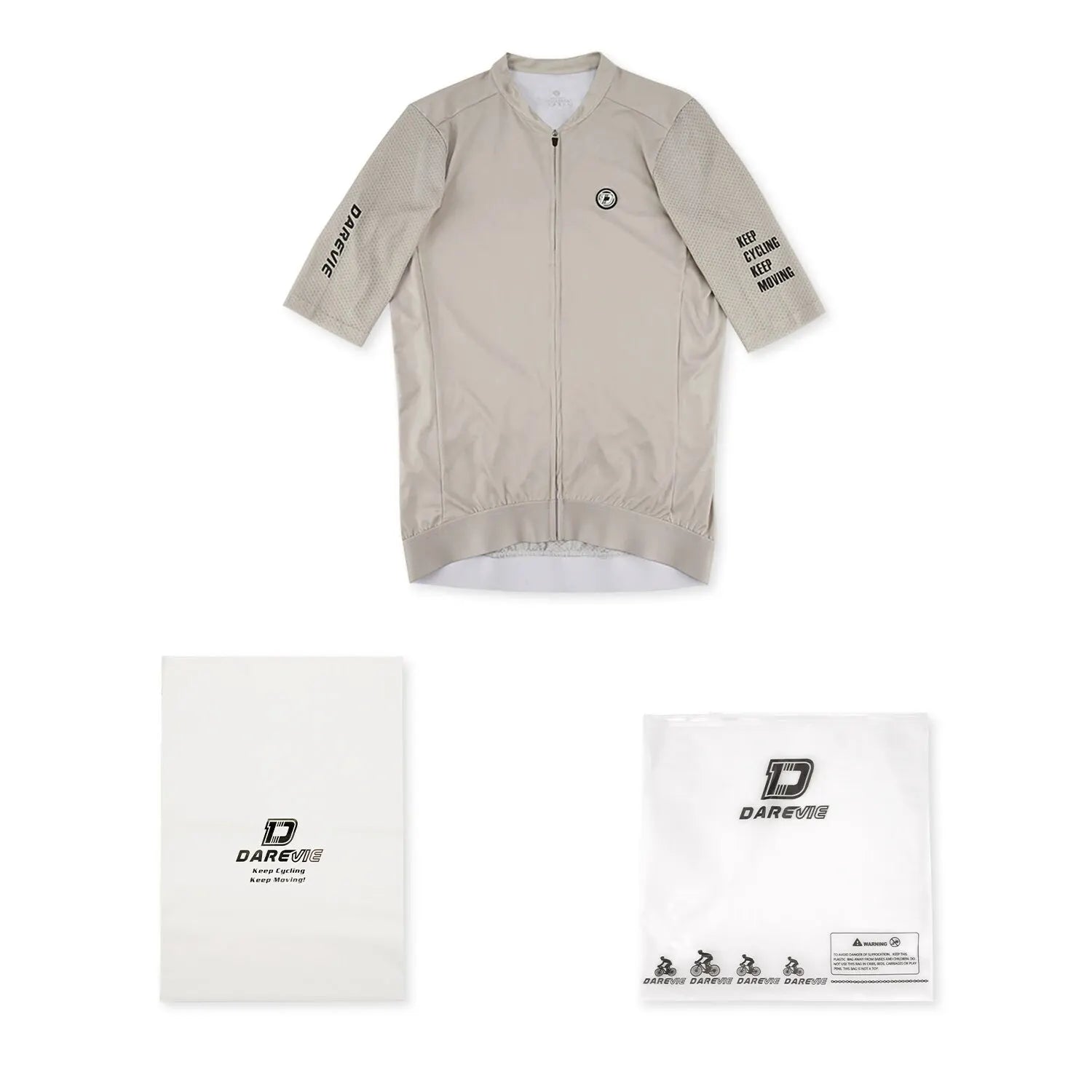 DAREVIE Cycling Jersey beige lightweight breathable bike shirt with full zipper and anti-slip hem