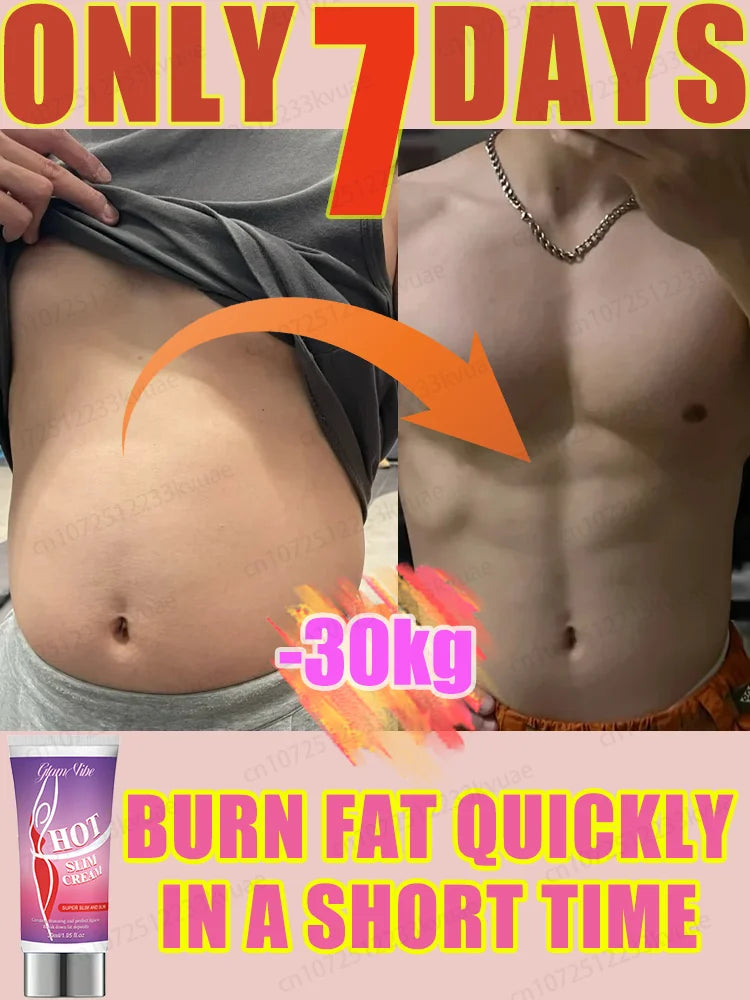Slimming cream before and after results showing rapid 30kg weight loss in 7 days with fat burning and skin firming effects