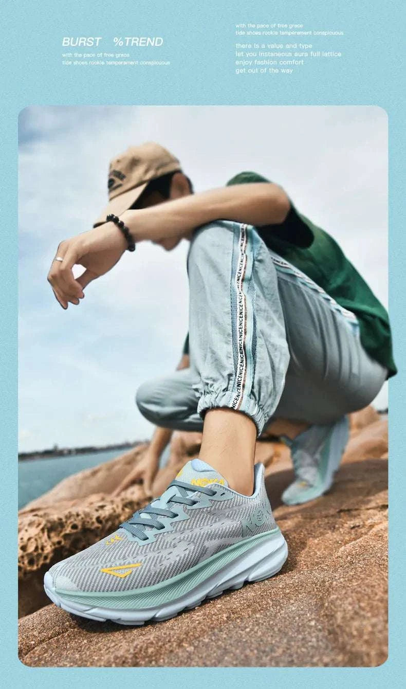 Unisex Carbon Plate Air Cushion running shoes with breathable mesh and durable rubber outsole on rocky terrain