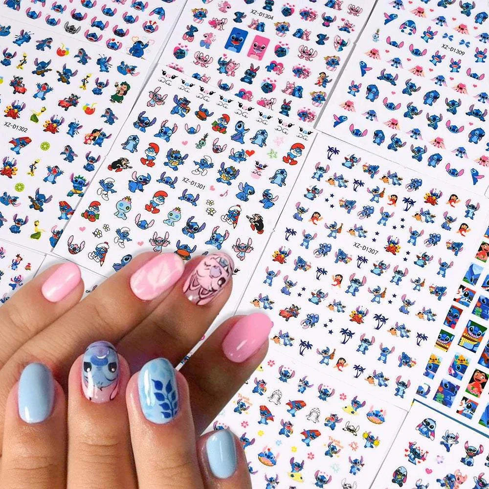 Cartoon Mini Stitch angel themed nail stickers with blue and pink nails displaying cute designs