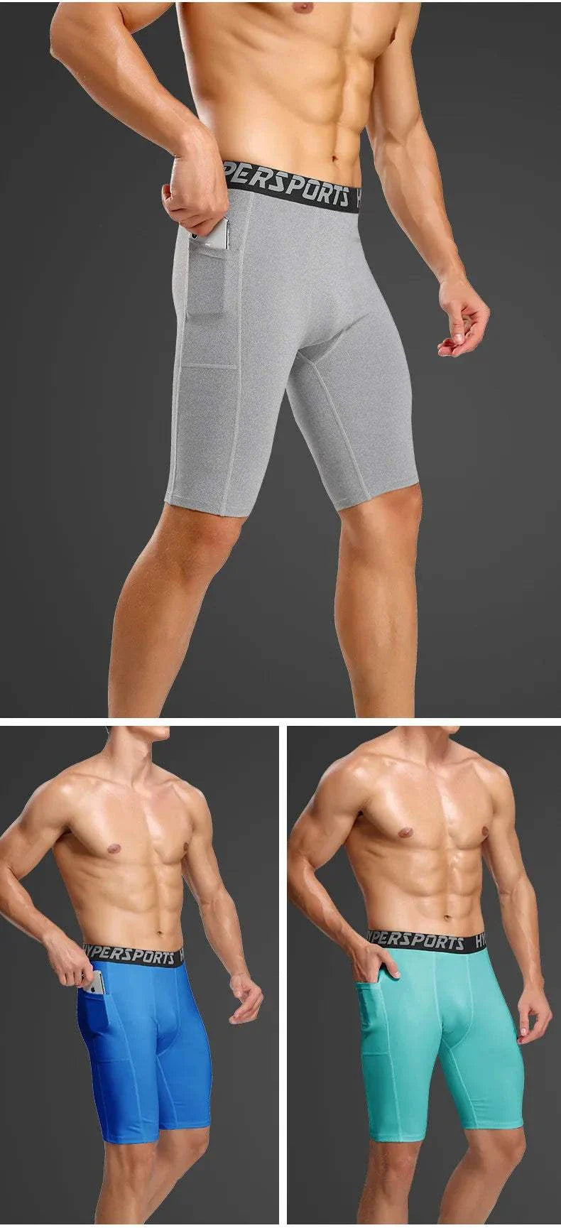 Men’s compression shorts in grey, blue, and teal with snug fit and breathable fabric for sports and workouts
