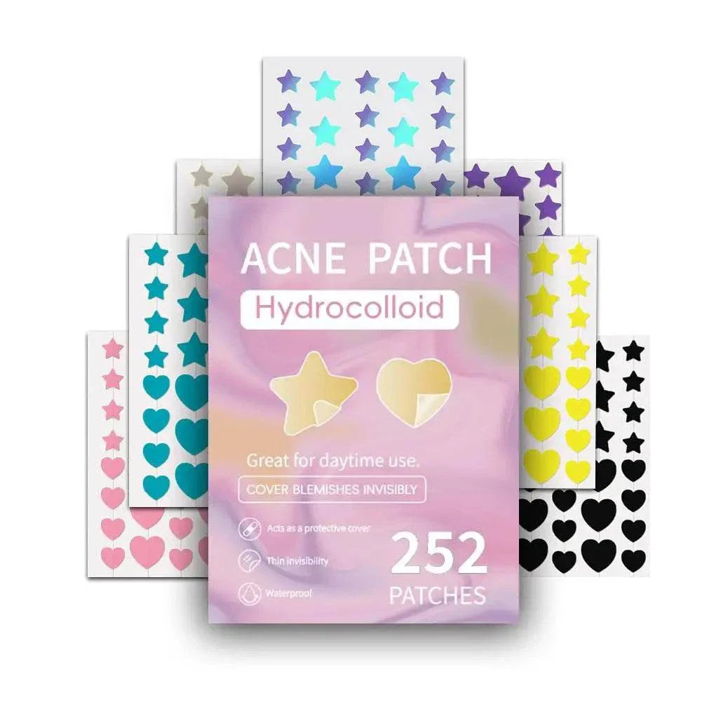 Colorful star-shaped and heart-shaped hydrocolloid acne patches in multiple vibrant colors for invisible, fast-acting pimple treatment.