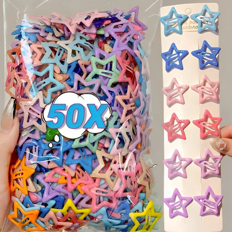 50 colorful kawaii star-shaped hair barrettes in pastel and bright shades for kids and teens