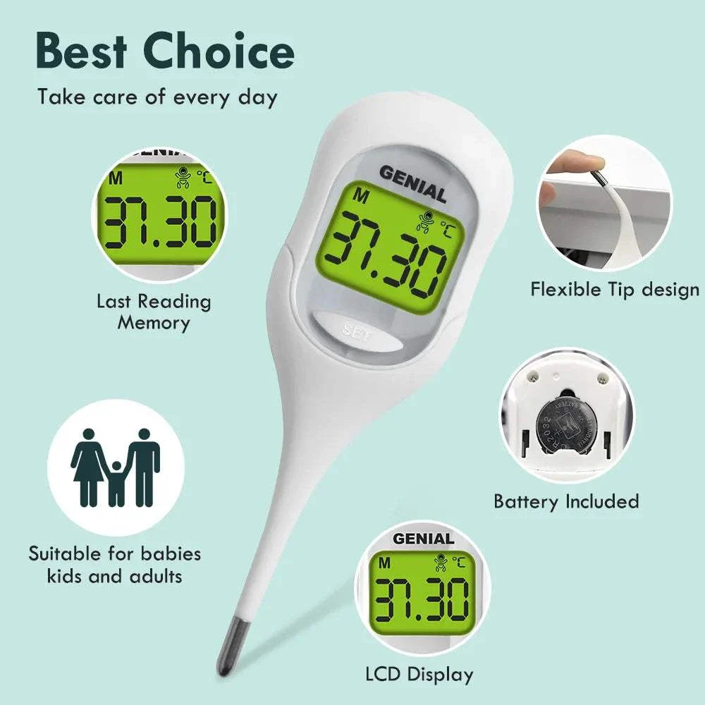 8-Second Digital Oral Thermometer with flexible tip, LCD display, last reading memory, battery included, suitable for babies, kids, and adults