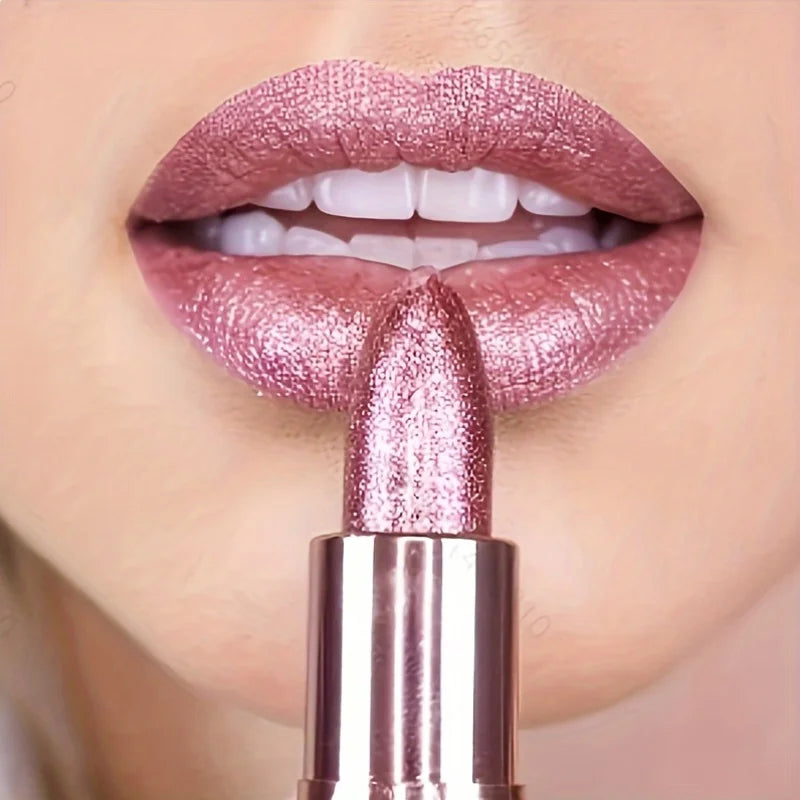 Close-up of lips wearing glossy Rose Smoke Powder Lip Glaze with starry shimmer and velvet finish