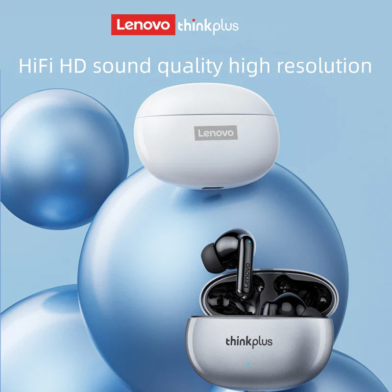 Lenovo Thinkplus XT88 wireless in-ear Bluetooth earphones with charging case on blue background, highlighting HiFi sound and sleek design