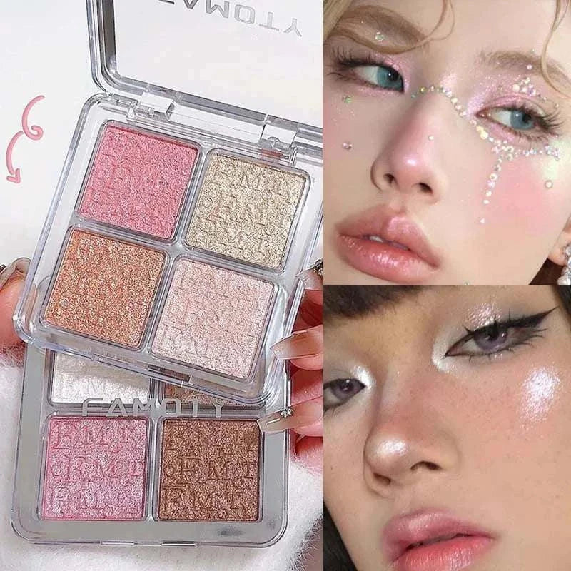 4 Colors Diamond Highlighter Powder palette with shimmering pink, gold, bronze, and champagne shades and glowing makeup looks on models