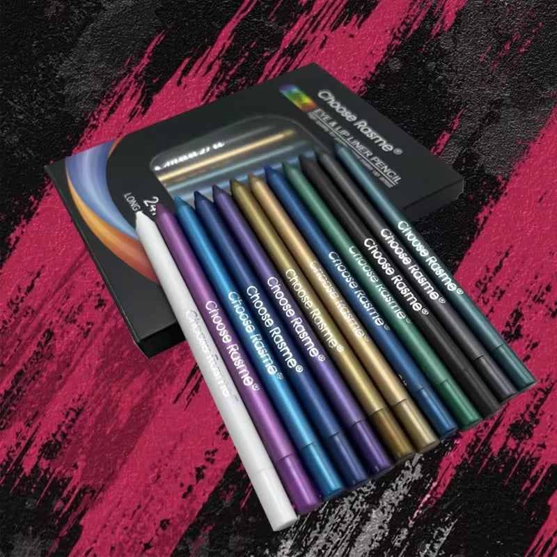 Set of 12 Glitter & Shimmer Eyeshadow and Eyeliner Sticks in vibrant colors with smooth, long-lasting formula