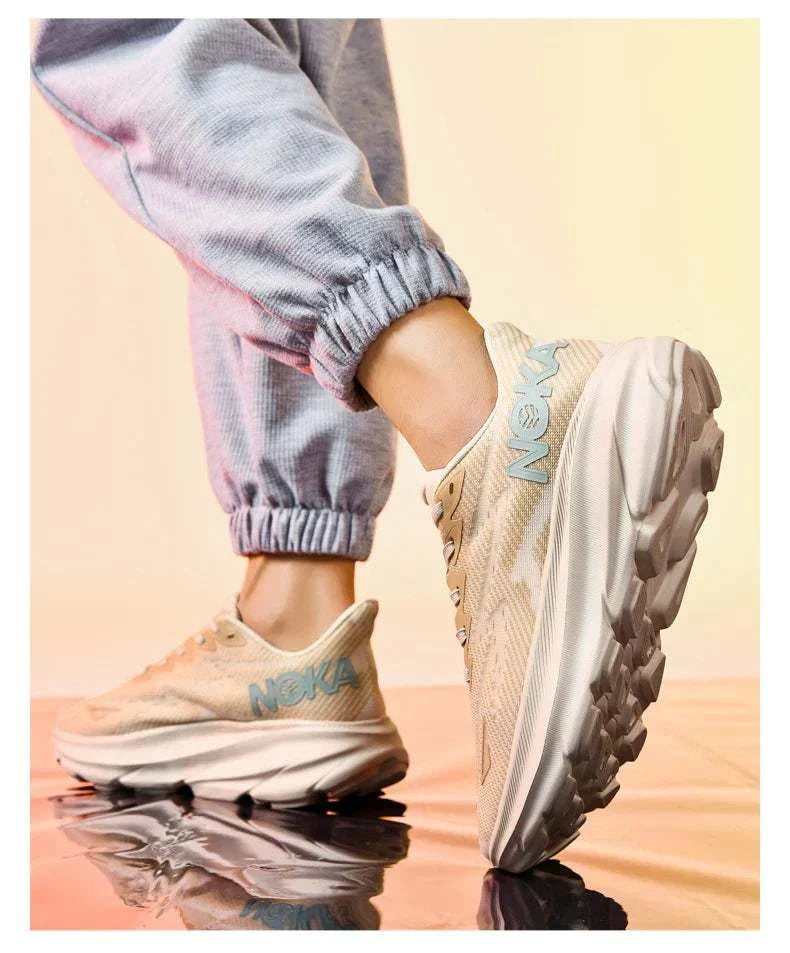 Lightweight beige Carbon Plate Air Cushion running shoes with breathable mesh upper and durable rubber outsole
