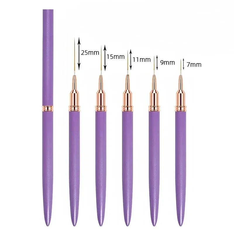 5pcs Nail Liner Brush Set with purple handles and various nylon bristle lengths for precise nail art designs