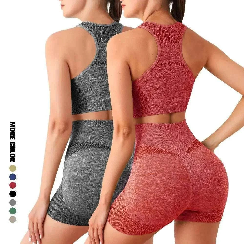 Two women wearing seamless women's yoga and gym sets in red and gray, showcasing breathable, high-stretch activewear designed for comfort and performance.