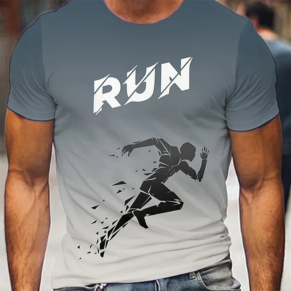 Men's running pattern print sports T-shirt with bold runner graphic and "RUN" text, lightweight breathable fabric, oversized unisex fit.