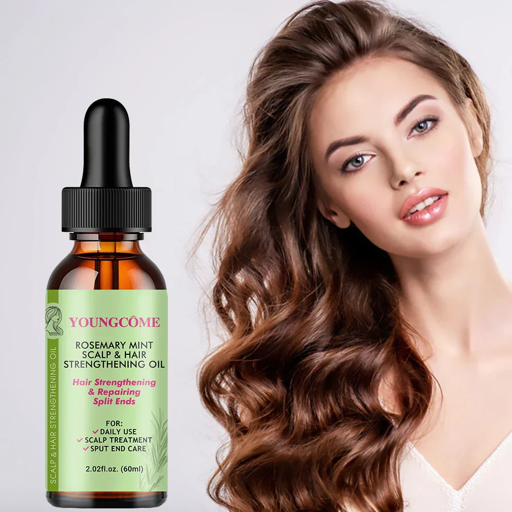 Rosemary Mint Hair Growth Oil bottle with long wavy brunette hair woman, organic scalp and hair strengthening oil with rosemary and mint for hair growth and repair
