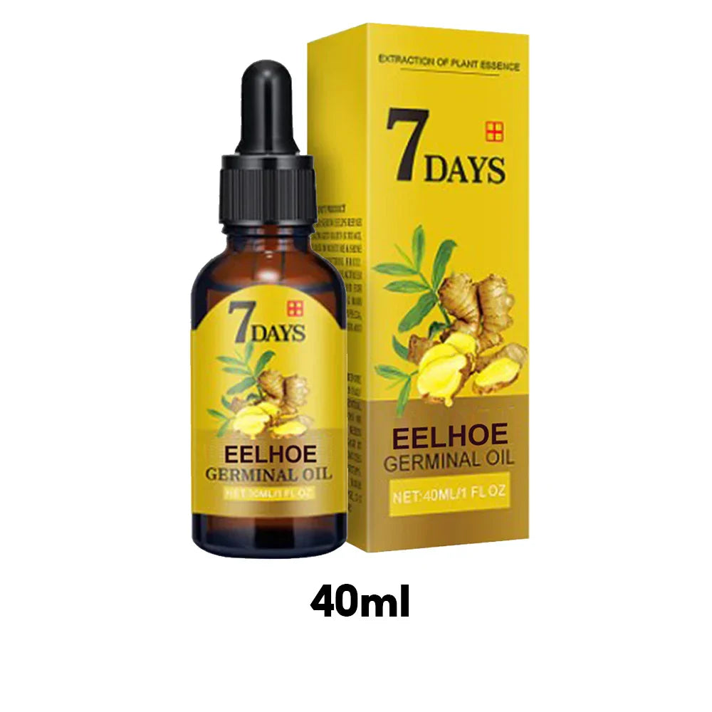 EELHOE Ginger Hair Growth Oil 40ml bottle with yellow packaging featuring ginger root illustration for natural hair loss treatment and scalp hydration