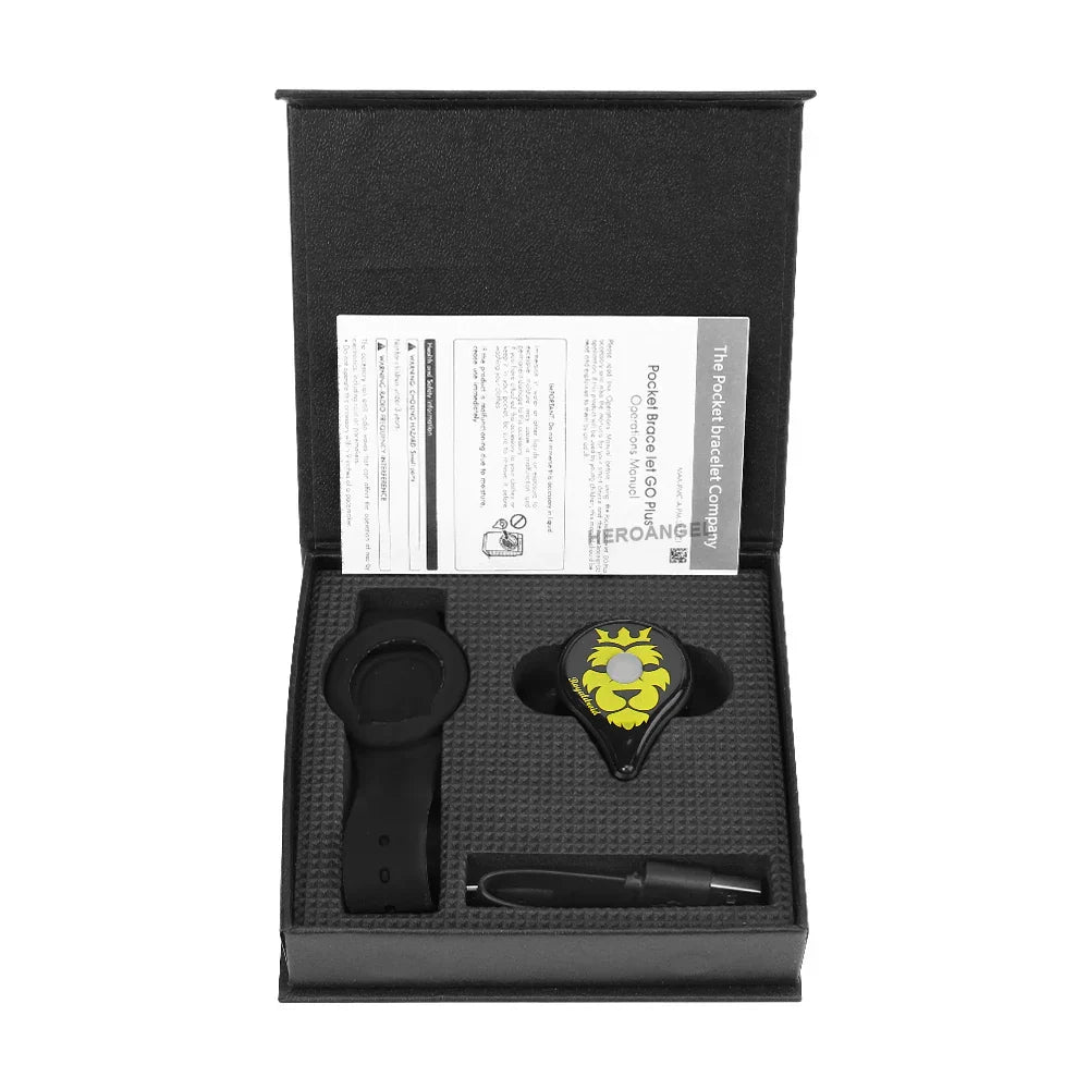 Auto Catch Powermon Go Plus smart Bluetooth wristband kit with charging cable and black wearable band in black box packaging