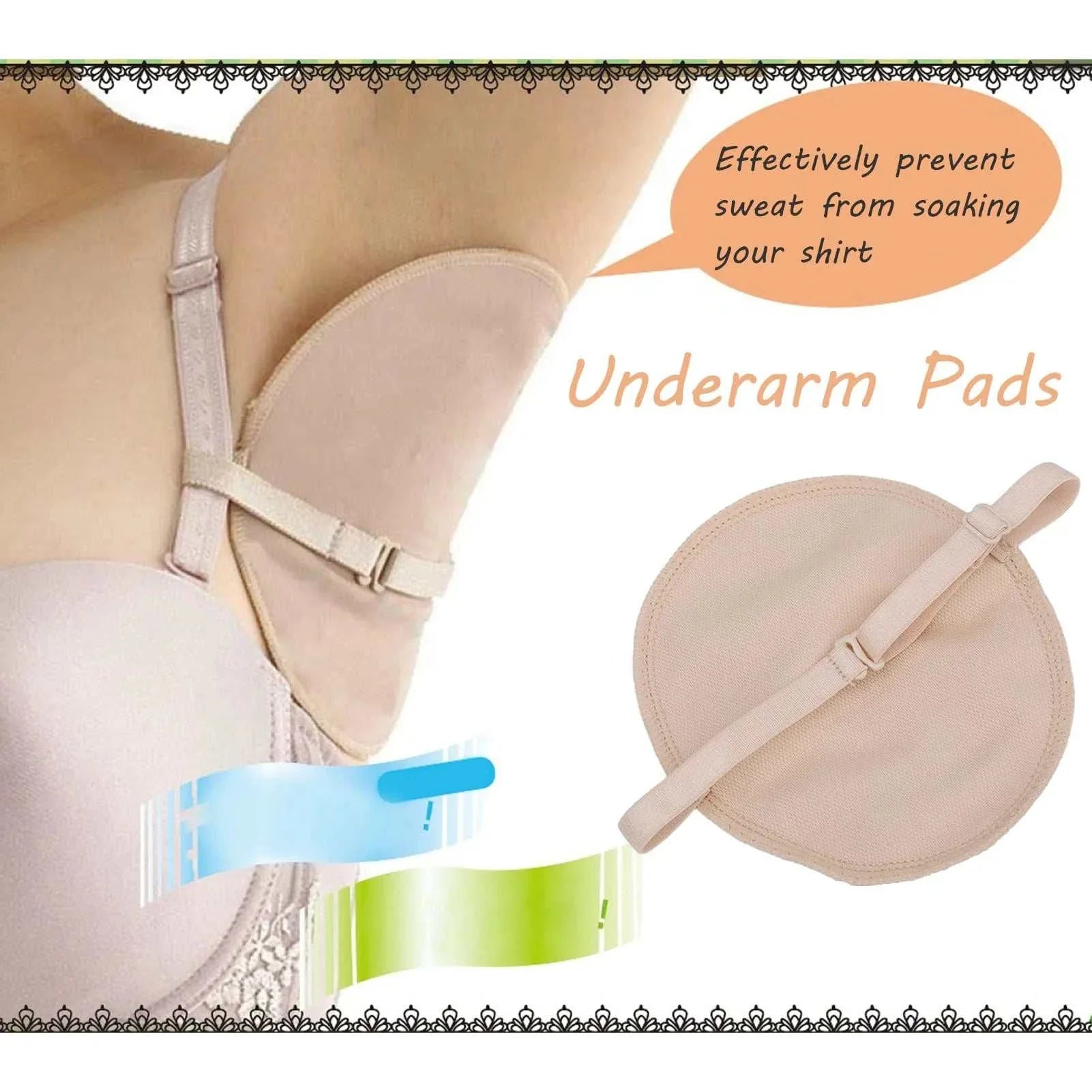 Reusable cotton underarm sweat pads with adjustable straps to prevent sweat stains and provide breathable, comfortable protection.