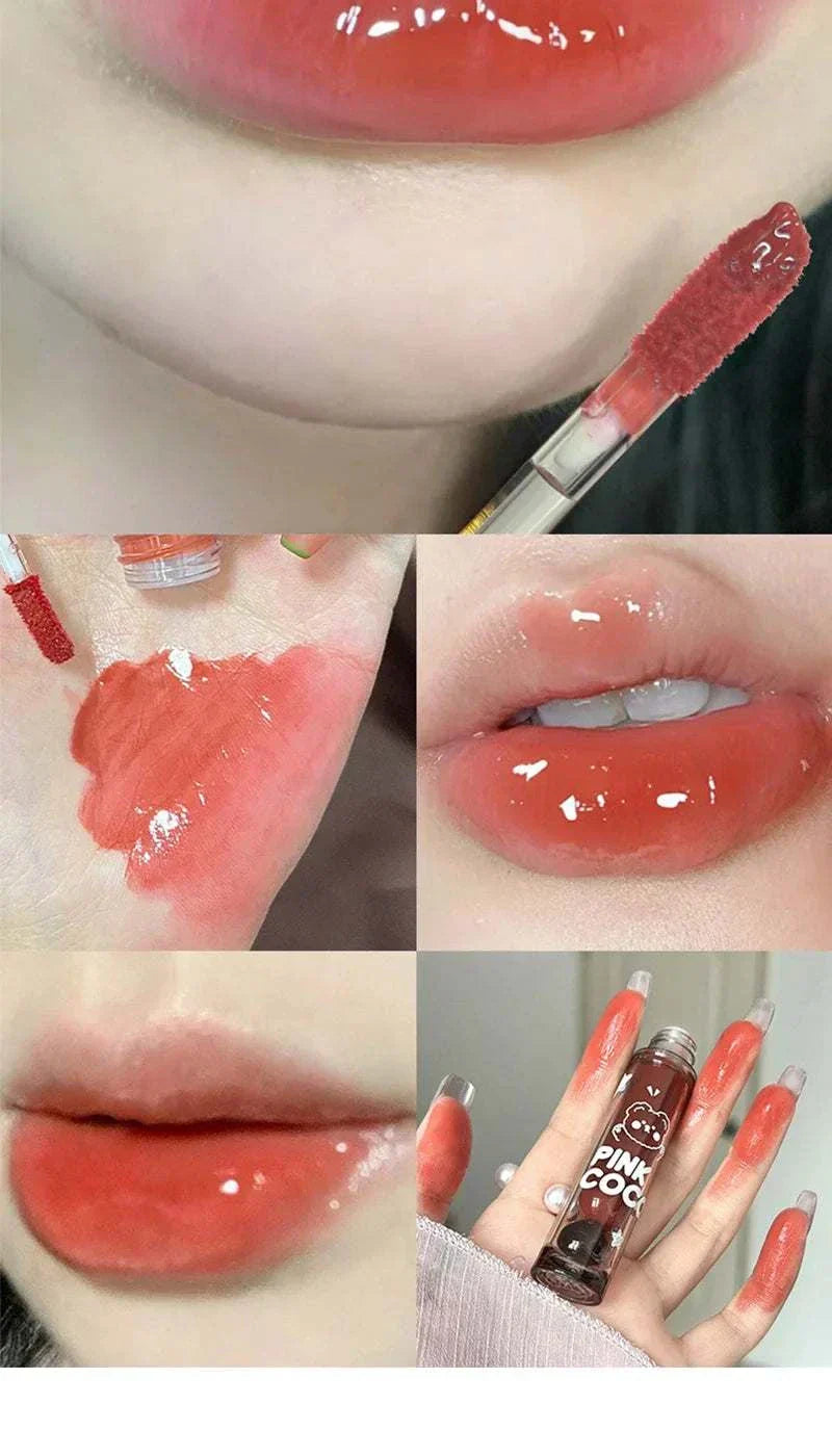 PINKCOCO Bear Doodle Mirror Lip Glaze glossy coral lip color with hydrating smooth finish and bear doodle packaging
