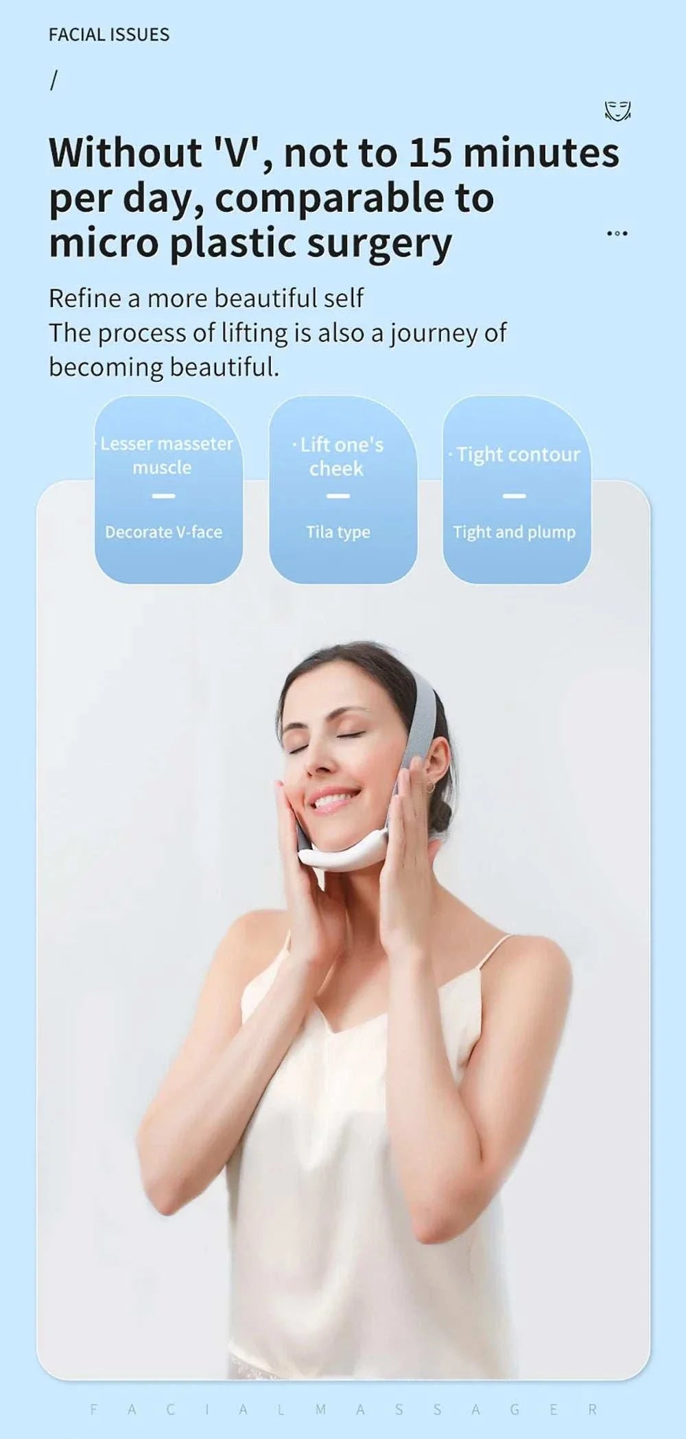 Woman using EMS face lifting massager for skin firming and V-face contouring at home