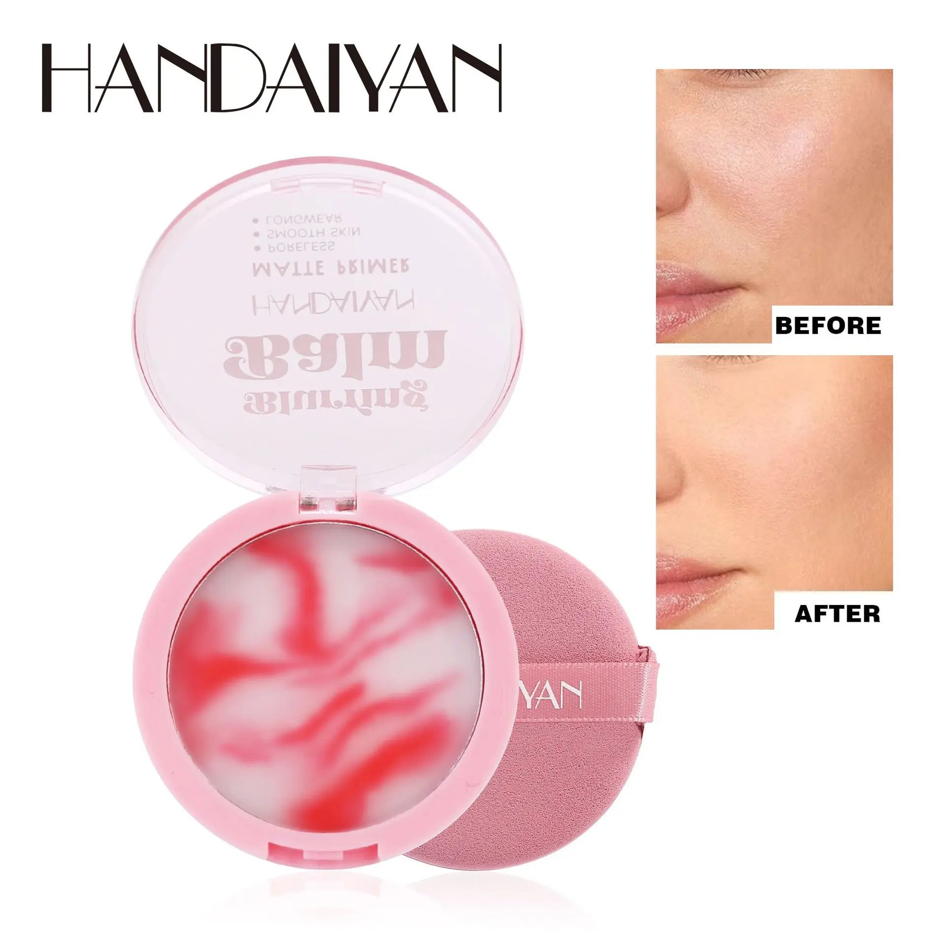 HANDAIYAN Light Mist Setting Powder with built-in puff for matte, oil-control finish and brightened complexion, shown with before and after skin results