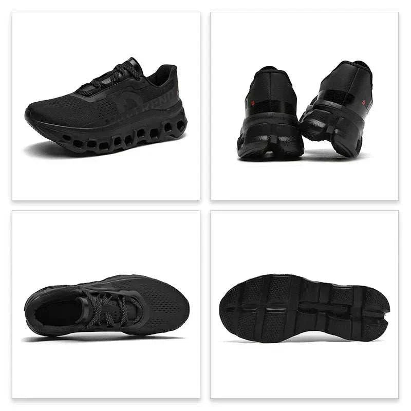 Men's Running Shoes in black with lightweight breathable mesh, cushioned insoles, durable high-traction outsole, and ergonomic fit for comfortable running.