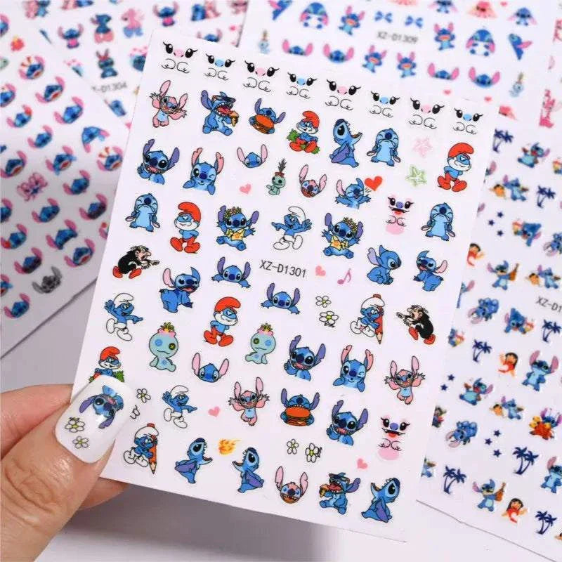 Cartoon Mini Stitch angel nail stickers with colorful Disney-inspired character designs for cute and trendy nail art.