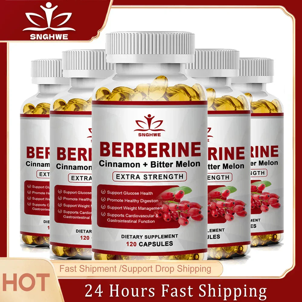 Berberine with Ceylon Cinnamon capsules dietary supplement for glucose health, digestion, weight management, and cardiovascular support.