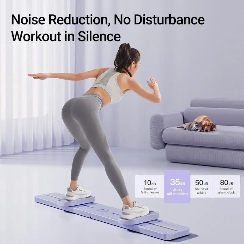 Woman using foldable 3-in-1 ski trainer for low-impact leg, hip, and pelvic exercise at home with quiet noise reduction feature