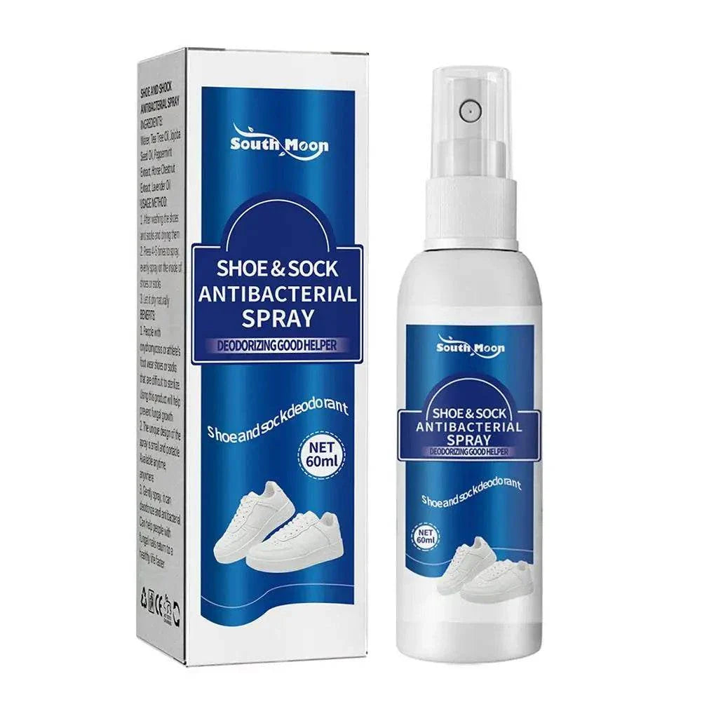 60ml antibacterial shoe and foot odor spray in white bottle with blue label and packaging for eliminating odor and freshening shoes and socks