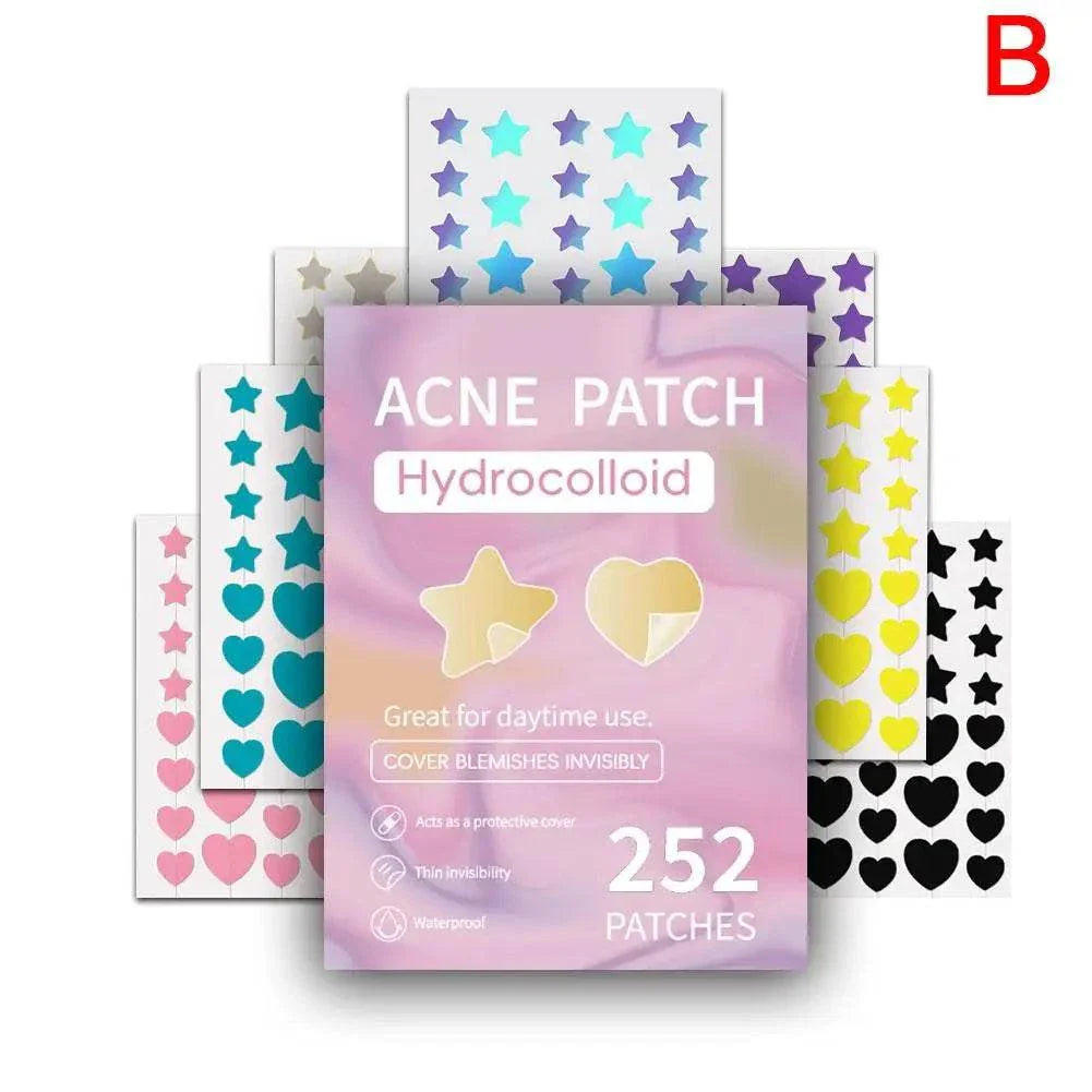 Colorful star-shaped hydrocolloid acne patches with vibrant designs for discreet pimple treatment and skin protection.
