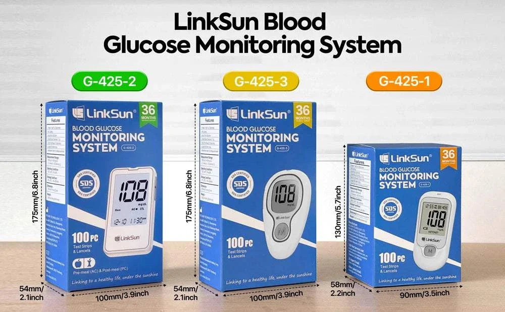 LinkSun Blood Glucose Meter G-425 series with 100 test strips, fast accurate glucose monitoring, large LCD, compact portable design for diabetes care