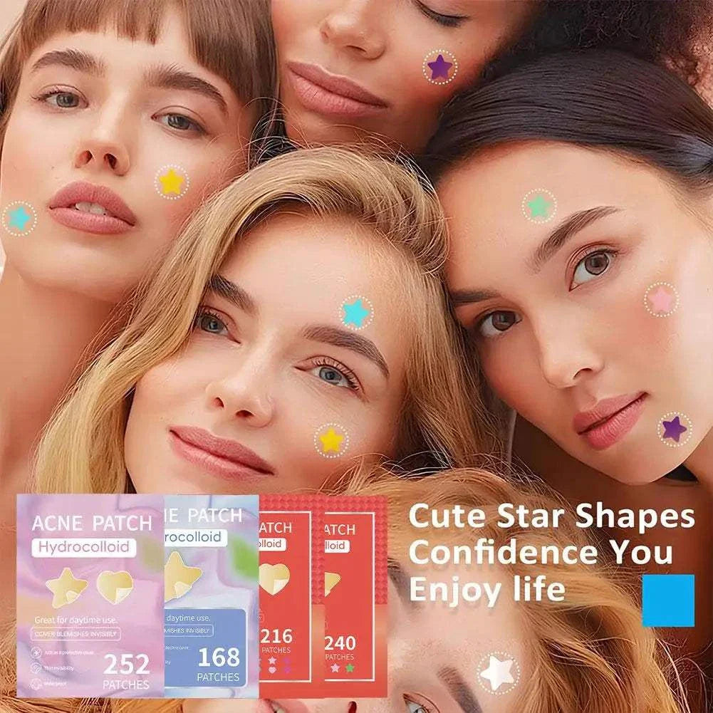 Four diverse women with colorful star-shaped hydrocolloid pimple patches on their faces, showcasing playful acne care stickers in various colors and promoting confidence with bright skincare designs.