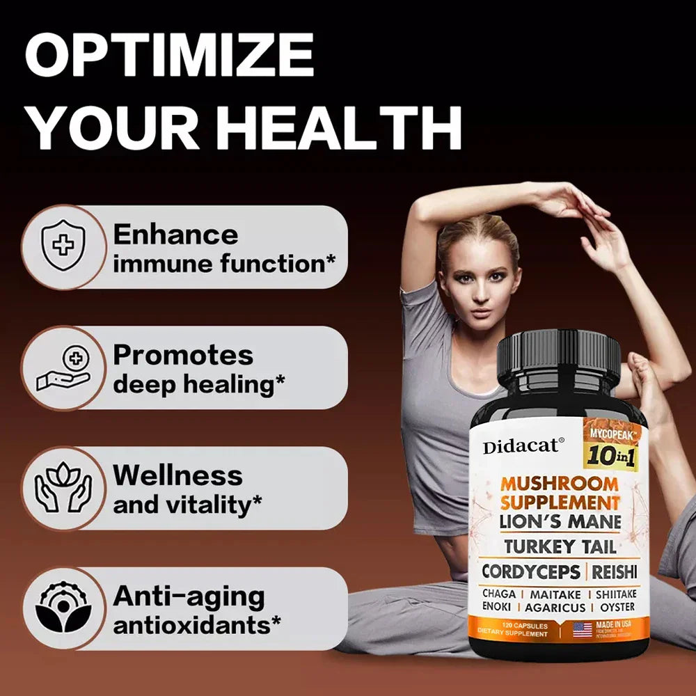 Mushroom Supplement 10x Complex bottle with Lion’s Mane, Turkey Tail, Cordyceps, and Reishi for immune support and wellness next to woman stretching.