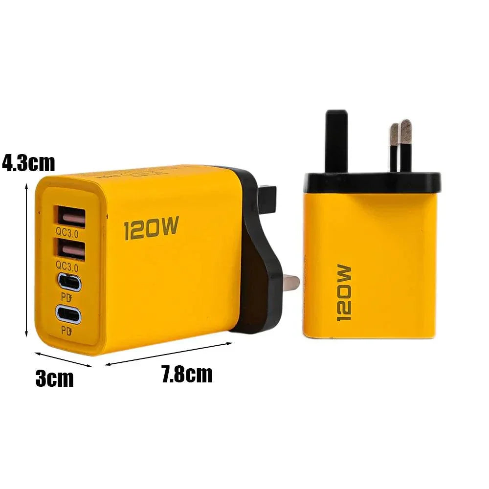 Yellow 120W Fast Charging PD USB Charger with dual USB-C PD and USB-A QC3.0 ports, compact design with UK plug.