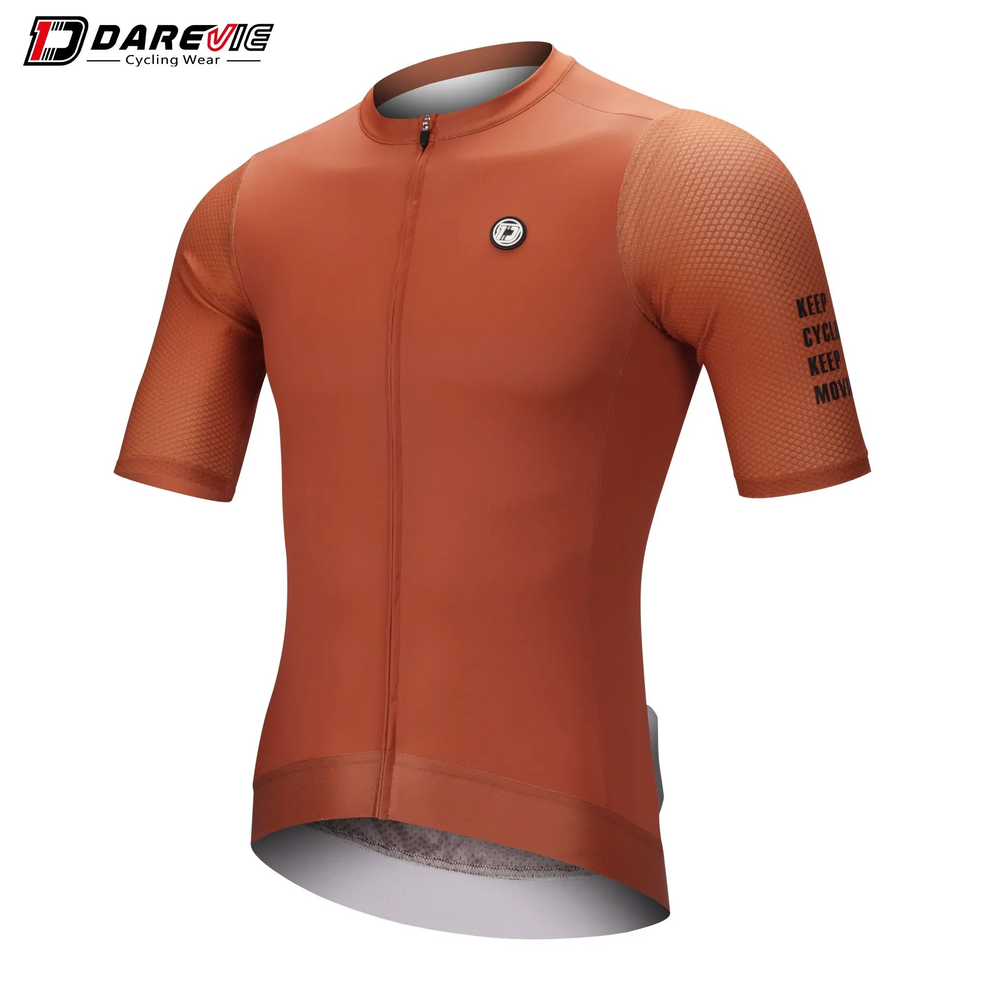 DAREVIE high-performance men's cycling jersey in rust color with breathable fabric and full-length zipper