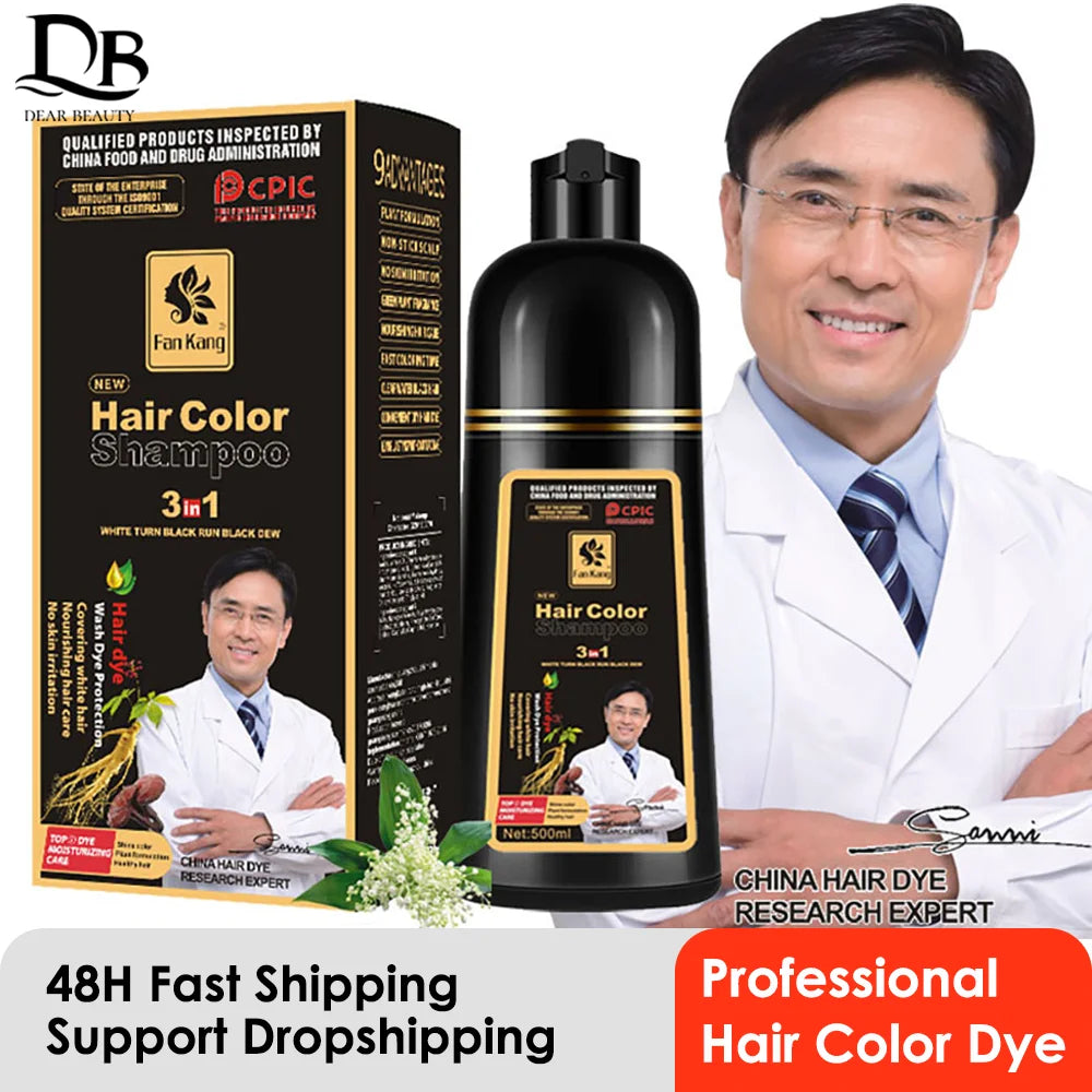500ml Organic Permanent Hair Dye Shampoo bottle and packaging with professional male expert promoting natural plant-based hair color cream for men and women