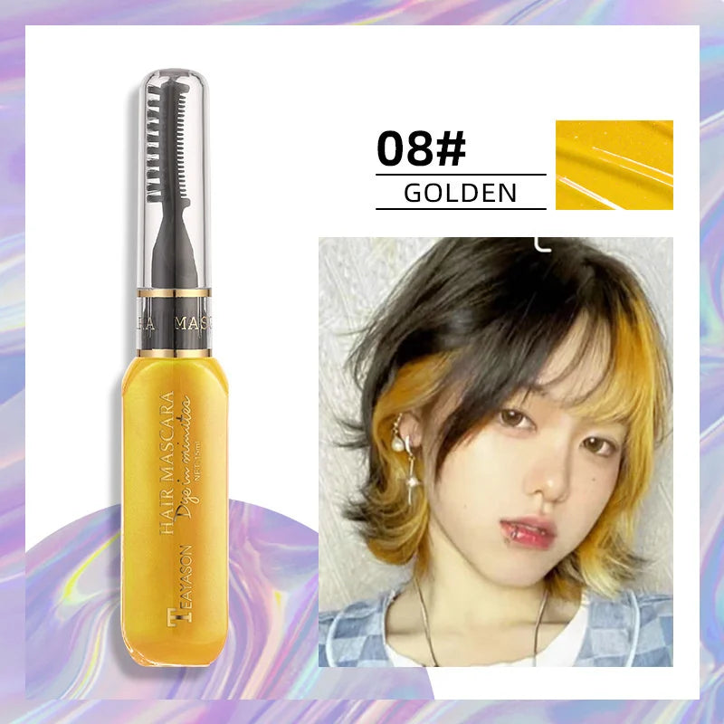 13 Colors One-Off Hair Color Mascara in golden shade with easy brush-on and washable formula for temporary vibrant hair color