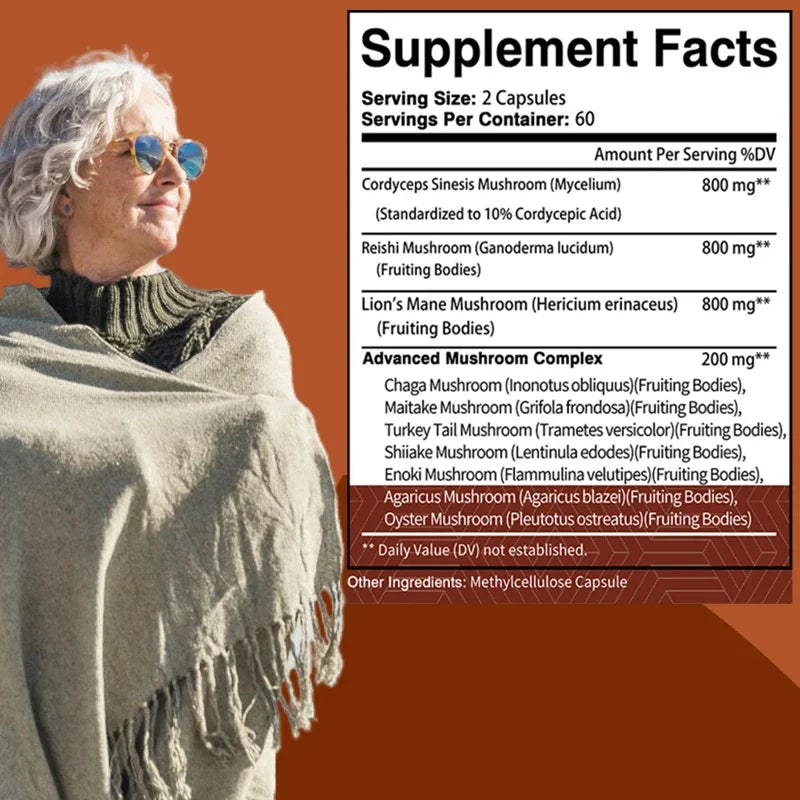 Mushroom Complex Capsules supplement facts label and elderly woman wearing sunglasses and shawl outdoors